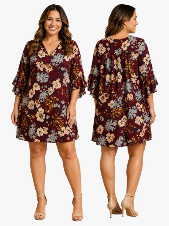 Umgee Dresses & Skirts - Umgee Floral Print Ruffle Sleeve Shift Dress Women’s Size XL Fall Burgendy